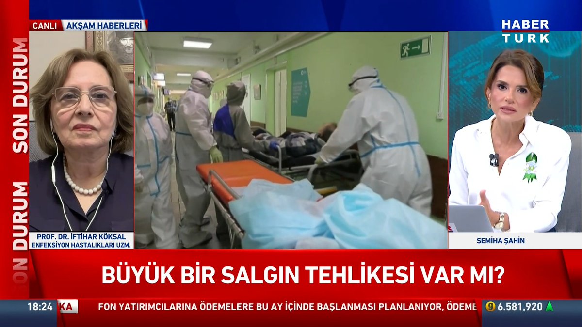 A Habertürk news broadcast titled "BÜYÜK BİR SALGIN TEHLİKESİ VAR MI?" (Is There a Great Epidemic Danger?) features anchor Semiha Şahin interviewing Prof. Dr. İftihar Köksal, an Infectious Diseases Specialist, who appears remotely via video call. The segment relates to the accompanying post by discussing whether a plague case in Russia could escalate into a larger outbreak.