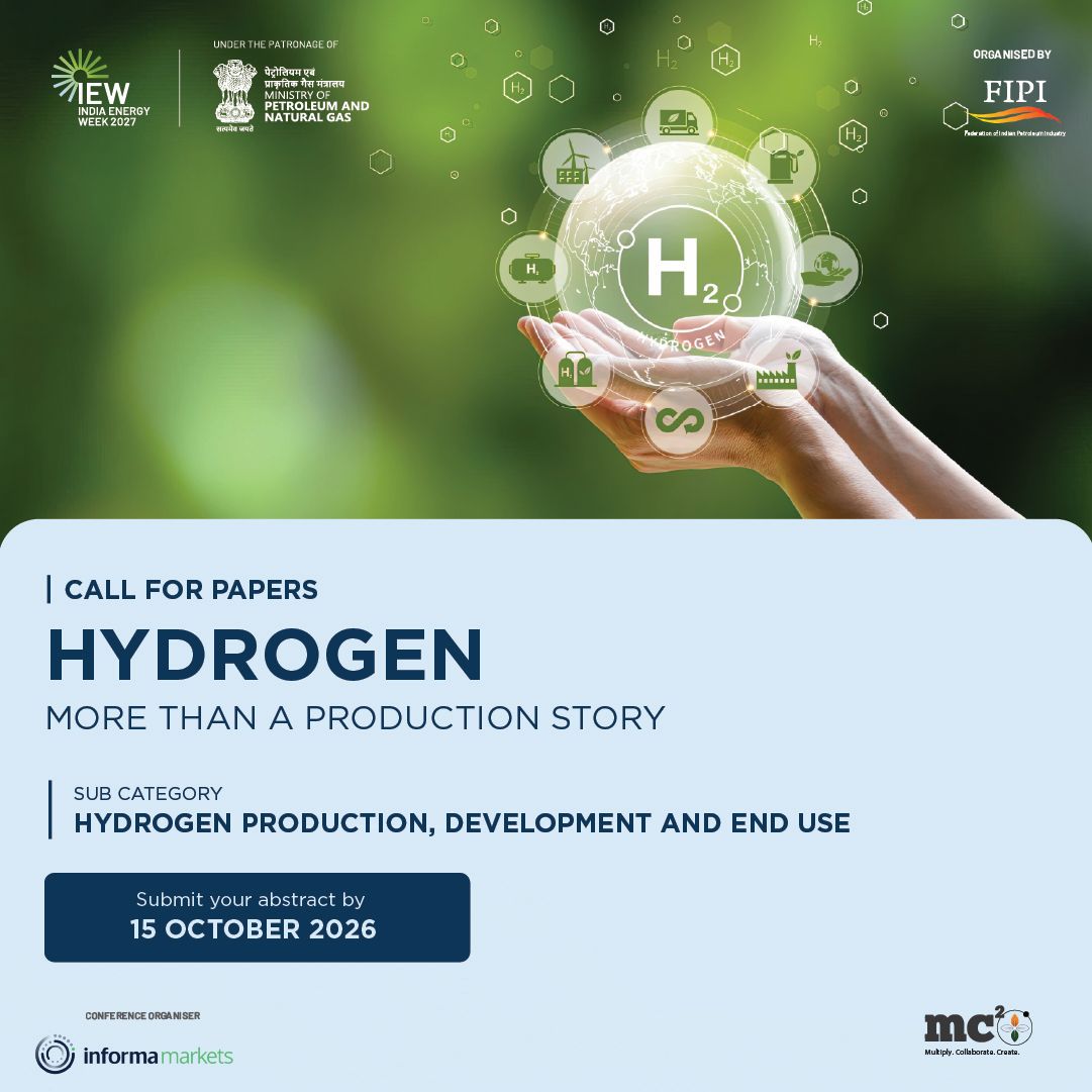 IndiaEnergyWeek's tweet photo. Hydrogen is sparking a bigger conversation across the energy ecosystem.

From electrolysers and membranes through storage, transportation, blending, fuel cells to green derivatives and finance- every piece is playing an important part in its real-world usages. 

The question is: How can all these parts contribute more economically? Which technologies, infrastructure models and commercial strategies can help hydrogen economy grow faster, and contribute to the overall energy sector?

If your research or paper can help shape this discussion, share it at the IEW 2027 Technical Conference.

Sub-category: Hydrogen Production, Development and End Use

Download CFP Brochure: https://t.co/ndoKAoPa6X 
Submit Abstract Now: https://t.co/me0fzreDuC

Send in the abstract of your paper by 15 October 2026.

India Energy Week 2027
28-31 January 2027, Kolkata

@neerajmittalias @MCSquarePlus @PetroleumMin
@ChairmanIOCL @ChairmanONGC @DgFipi @ONGC_ @IndianOilcl @BPCLimited @HPCL @chennaipetro @gailindia @Ongc_Mrpl @OilIndiaLimited @PetronetLNGLtd @RIL_Updates @EngineersIND @HMEL_India @NRL_MoPNG @Shell_India @AxensGroup @bakerhughesco @exxonmobil_ind @IGLSocial @LanzaTech @larsentoubro @Jiobpofficial @SiemensIndia @topsoe_official @TotalEnergies @WorldLiquidGas @IGU_News @h2epower @IGX_India @Seros_IN @THINKGasIndia 

#iew27 #IndiaEnergyWeek2027 #CallForPapers #TechnicalConference #EnergyResearch #EnergyInnovation #MC2Ignite
