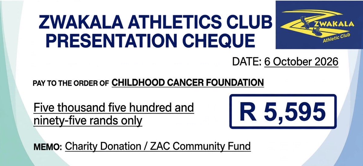 ZwakalaAthletic's tweet photo. Zwakala Athletic Club thanks all the runners who generously donated to the Childhood Cancer Foundation South Africa through the Linton's Corner Spring Run 2026. https://t.co/1B2BGcizPX