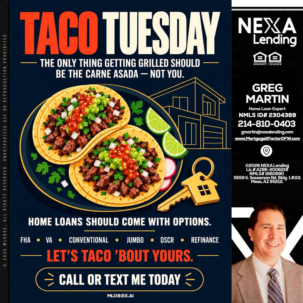 gregmartinsales's tweet photo. Taco Tuesday is here! ๐ฎ Let's grill the perfect carne asada, not your home loan options! Ready to chat? Call or text me today! ๐ #TacoTuesday #HomeLoans #LetsTacoBoutIt
๐ง gmartin@nexalending.com
๐ 2148100403 https://t.co/zTOP774muv