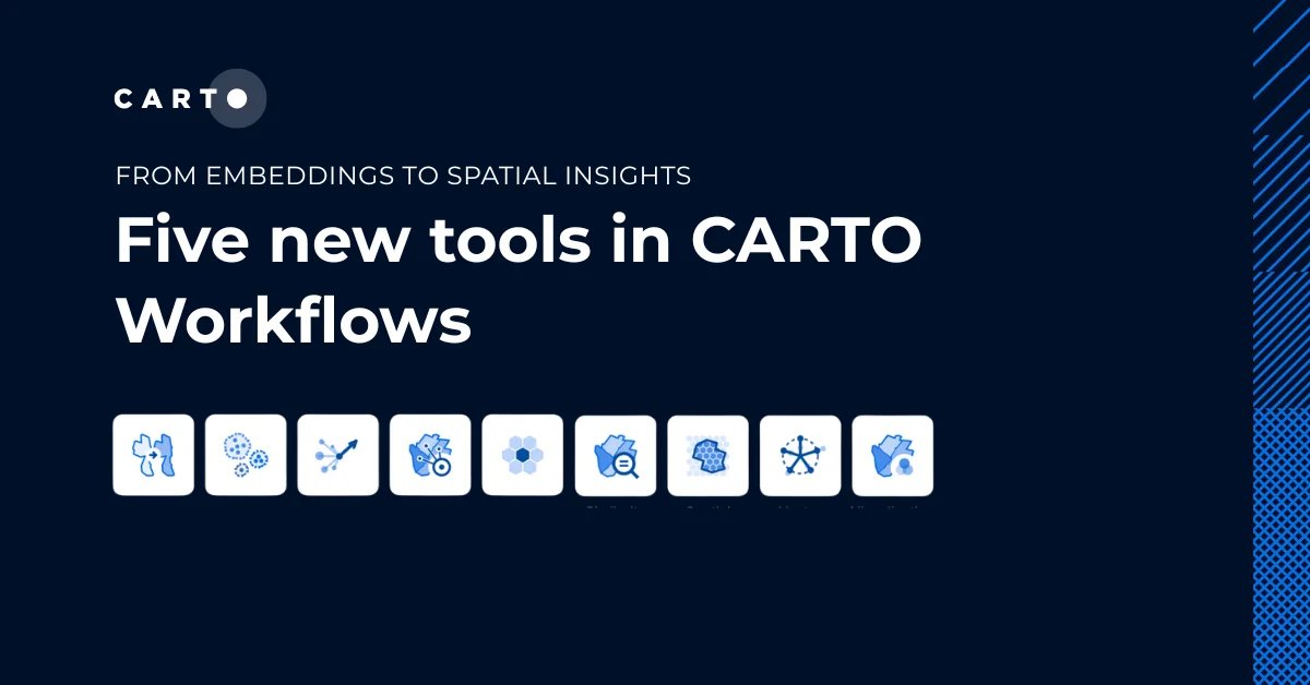 CARTO's tweet photo. Five new tools in CARTO Workflows help turn geo-embeddings into spatial insights. 💡

Find unusual locations, measure neighborhood differences, aggregate embeddings to new geographies, and build profiles to identify similar markets.

Read more: https://t.co/Fd8C8tXhy2 https://t.co/qnex10hqX0