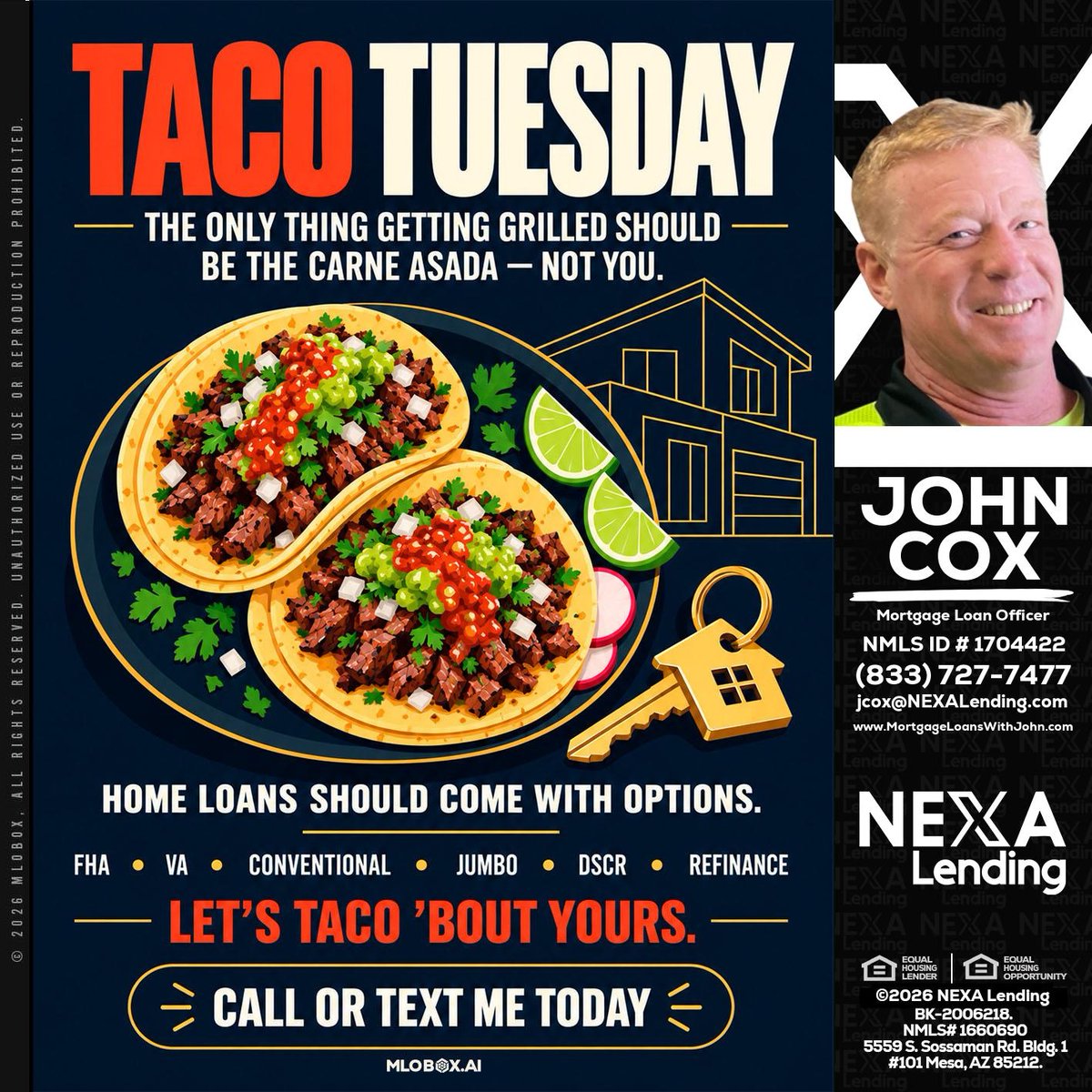 JohnCoxMLOse's tweet photo. Taco Tuesday is here! ๐ฎ The only thing getting grilled should be the carne asada โ not you! Letโs taco 'bout your home loan options today! ๐ #TacoTuesday #HomeLoans #LetsTacoBoutIt
๐ง jcox@nexalending.com
๐ 8337277477 https://t.co/wCTs2qeE4F