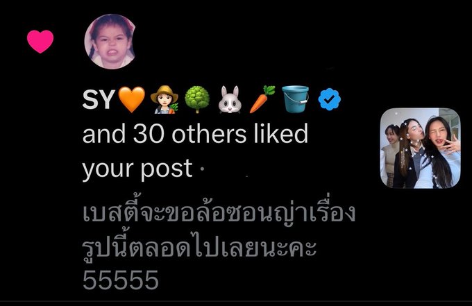 A screenshot of an Instagram notification showing 'SY 🧡🧑‍🌾🥦🐰🥕🪣✅ and 30 others liked your post' with Thai text praising 'ฺBenja' and commenting that the ratio has dropped to 55555.