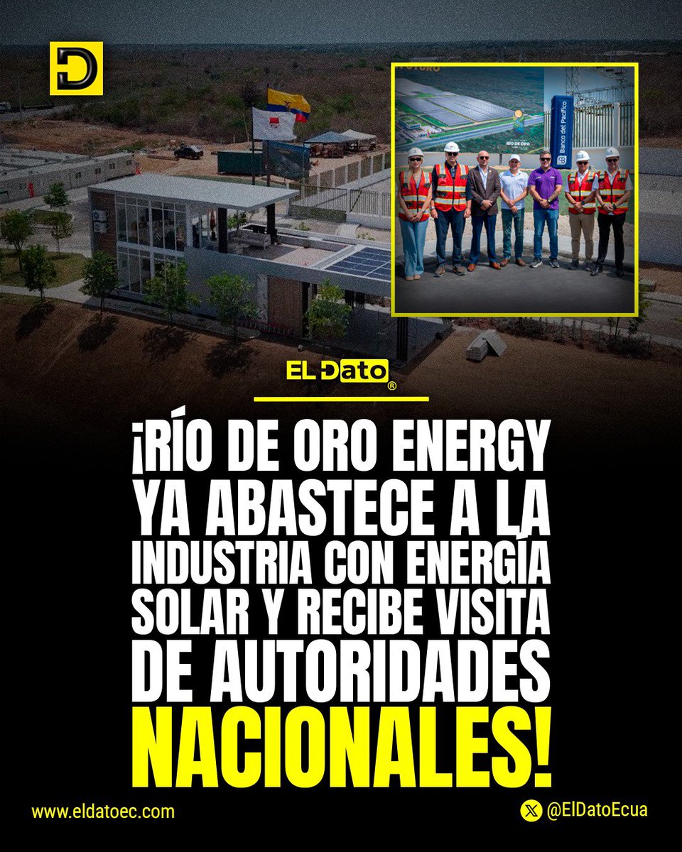 ElDatoNews's tweet photo. #Urgente ¡RÍO DE ORO ENERGY YA ABASTECE A LA INDUSTRIA CON ENERGÍA SOLAR Y RECIBE VISITA DE AUTORIDADES NACIONALES!

La planta solar Río de Oro Energy, ubicada en Santa Elena, ya abastece a empresas privadas con energía renovable, tres meses antes de lo previsto.

El proyecto, impulsado por GPS Group, representa una inversión privada superior a USD 50 millones y cuenta con una capacidad de 65 MWp. Su producción anual estimada alcanza los 90 millones de kWh, equivalente al consumo de unos 25.000 hogares.

Autoridades nacionales y representantes del sector financiero visitaron la planta para conocer sus avances y el plan energético de la compañía, que contempla alcanzar 330 MWp operativos hasta diciembre de 2027.

GPS Group también prevé incorporar generación térmica e hidroeléctrica para complementar la energía solar y contar con suministro firme las 24 horas.

@ElDatoEcua👈

#ElDato #Ecuador #Energía