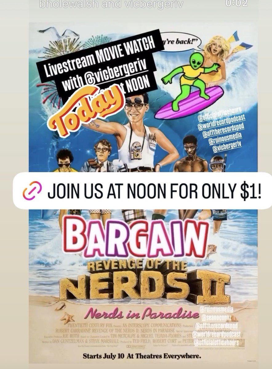 brendonwalsh's tweet photo. Today at NOON pst watch REVENGE OF THE NERD 2 with me &amp; #VicBerger LIVE ON PATREON. It only costs ONE DOLLAR https://t.co/KundC94Y9D

@OfficeHrsLive @offtherecordspo @WorldRecordPod https://t.co/3ZEOSULOOq