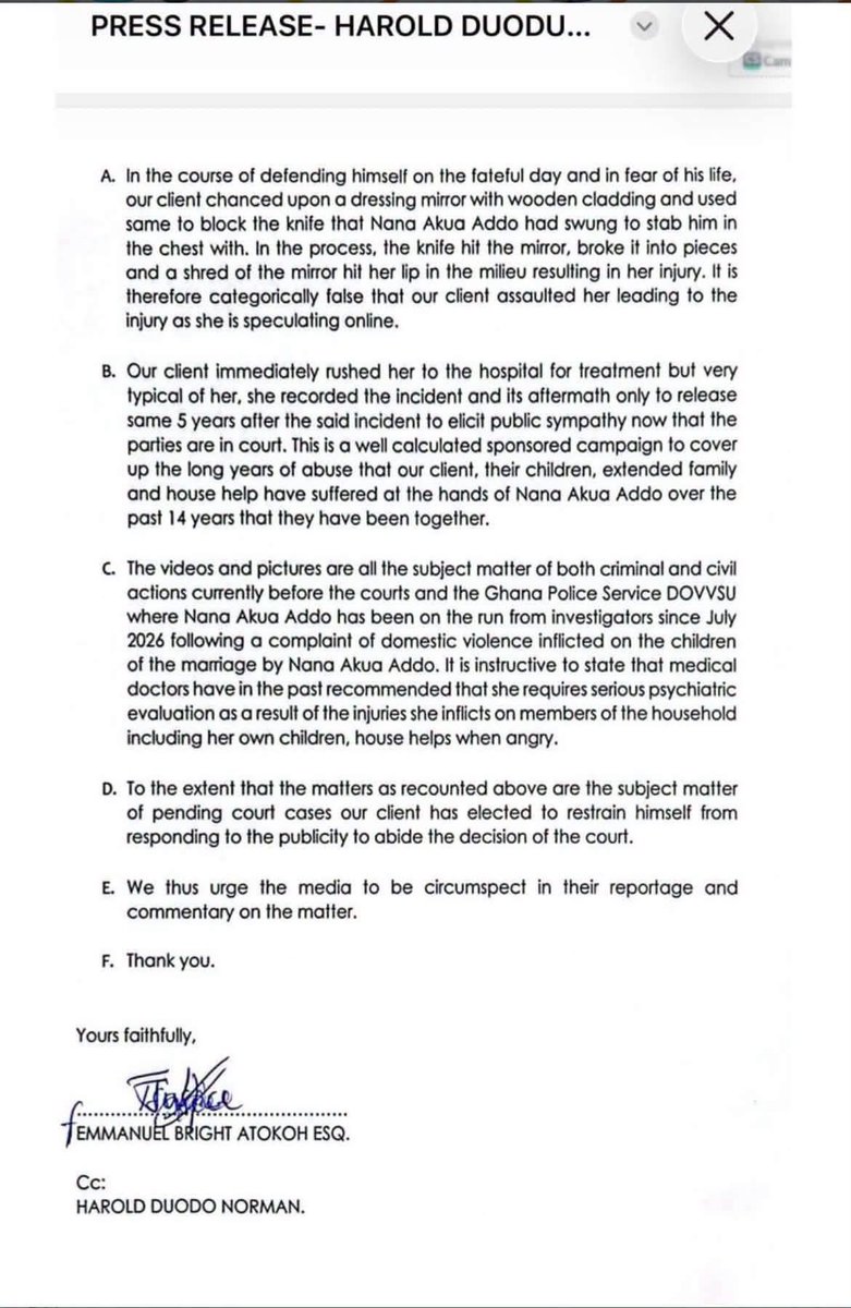 DzataOfficial's tweet photo. Lawyers representing Mr. Harold Duodu Norman, husband of fashion icon Nana Akua Addo, have issued a press statement responding to the pictures and allegations circulating online.

According to his lawyers:
1. The couple have been married for 14 years.

2. The pictures currently in circulation relate to incidents that occurred about five years ago and, according to the statement, were resolved at the time.

3. They have resurfaced amid ongoing tensions and an existing court case between the two parties.
4. The lawyers allege that Nana Akua Addo attempted on three occasions to stab Mr. Norman with a knife, and that the alleged incidents were reported at four different police stations.

5. They further allege that she has anger issues, has damaged property on several occasions, and has injured Mr. Norman on a number of occasions.

6. Regarding the photograph showing Nana Akua Addo with a swollen mouth, the lawyers claim the injury occurred during an alleged attempt to attack Mr. Norman with a knife. According to their account, she allegedly attempted to stab him in the chest, prompting him to reach for a wooden mirror to protect himself. They claim the mirror broke and a piece pierced her face, resulting in the injury seen in the photograph.

This is the man’s side of the story…….