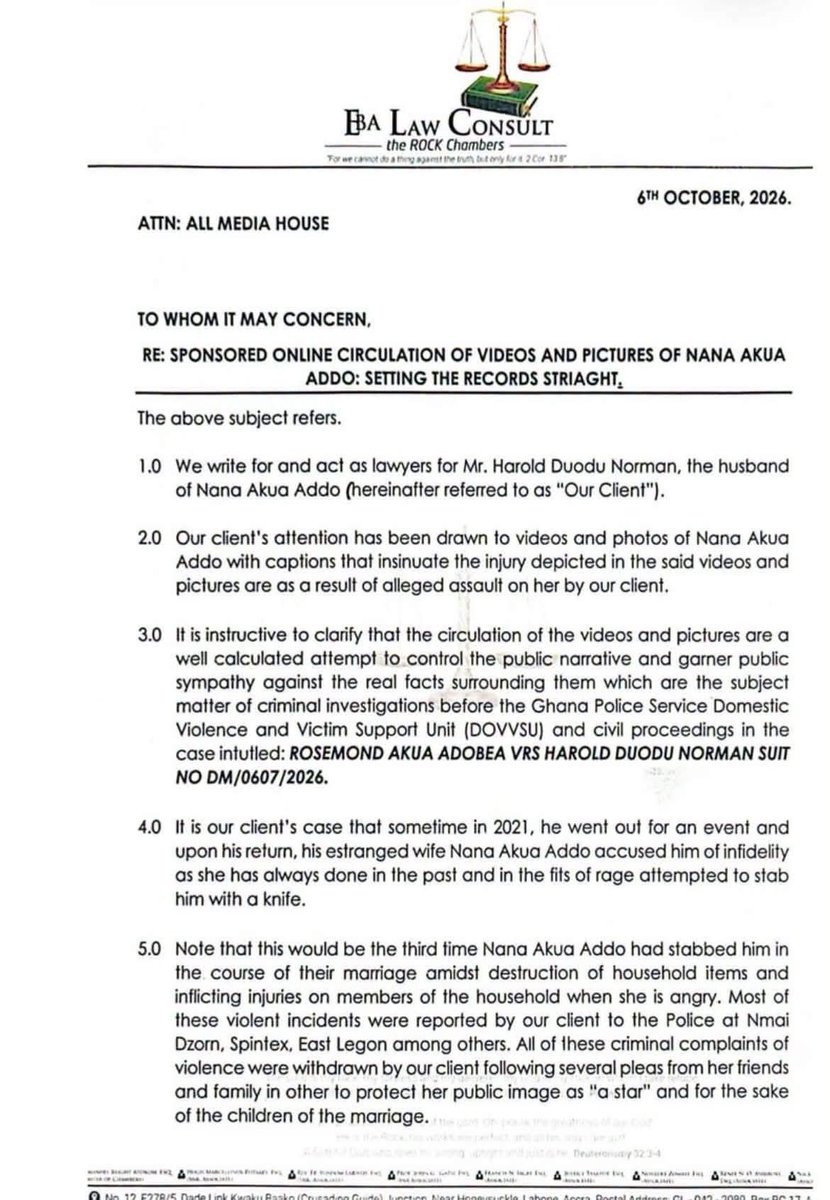 DzataOfficial's tweet photo. Lawyers representing Mr. Harold Duodu Norman, husband of fashion icon Nana Akua Addo, have issued a press statement responding to the pictures and allegations circulating online.

According to his lawyers:
1. The couple have been married for 14 years.

2. The pictures currently in circulation relate to incidents that occurred about five years ago and, according to the statement, were resolved at the time.

3. They have resurfaced amid ongoing tensions and an existing court case between the two parties.
4. The lawyers allege that Nana Akua Addo attempted on three occasions to stab Mr. Norman with a knife, and that the alleged incidents were reported at four different police stations.

5. They further allege that she has anger issues, has damaged property on several occasions, and has injured Mr. Norman on a number of occasions.

6. Regarding the photograph showing Nana Akua Addo with a swollen mouth, the lawyers claim the injury occurred during an alleged attempt to attack Mr. Norman with a knife. According to their account, she allegedly attempted to stab him in the chest, prompting him to reach for a wooden mirror to protect himself. They claim the mirror broke and a piece pierced her face, resulting in the injury seen in the photograph.

This is the man’s side of the story…….