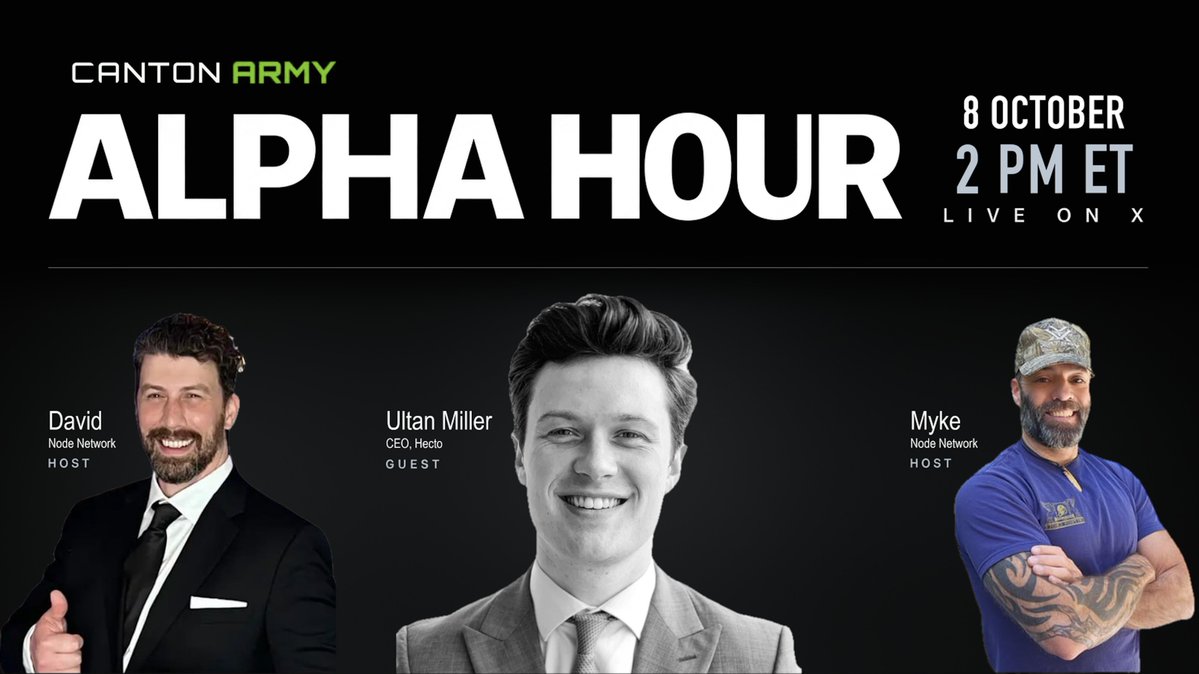 CantonArmy's tweet photo. Canton Army Alpha Hour with @0xtanler, CEO of @hectoinc

We’ll discuss Hecto Vaults, thematic baskets through PMX, access to private companies and privacy on Canton Network.

Hosted by Myke and David, @TheNode_Network

Thursday, October 8 @ 2 PM ET https://t.co/xVRZXGkH3q