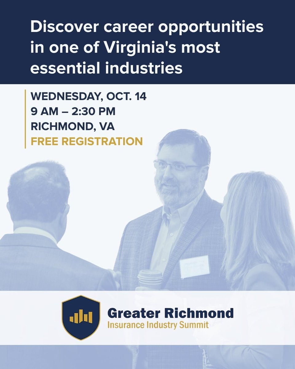 grpva's tweet photo. Explore the insurance industry at the Greater Richmond Insurance Industry Summit on Oct. 14. Students, job seekers and career changers are welcome. Meet employers who are hiring and bring your resume. https://t.co/d1NIdvROKA #RVA https://t.co/0E0OXSOlBH