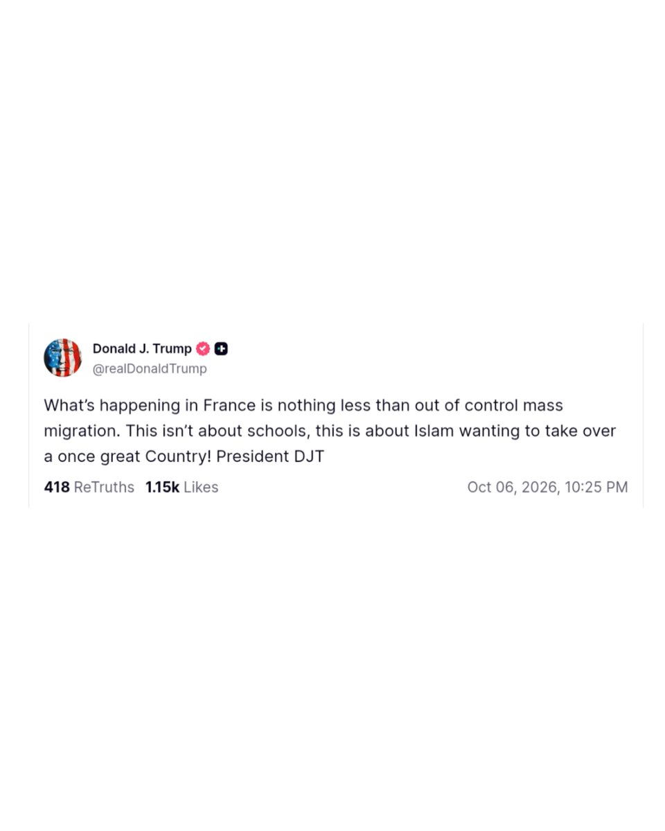 King_Trumpwords's tweet photo. What’s happening in France is nothing less than out of control mass migration. This isn’t about schools, this is about Islam wanting to take over a once great Country! President DJT https://t.co/dcUGHrB2iw