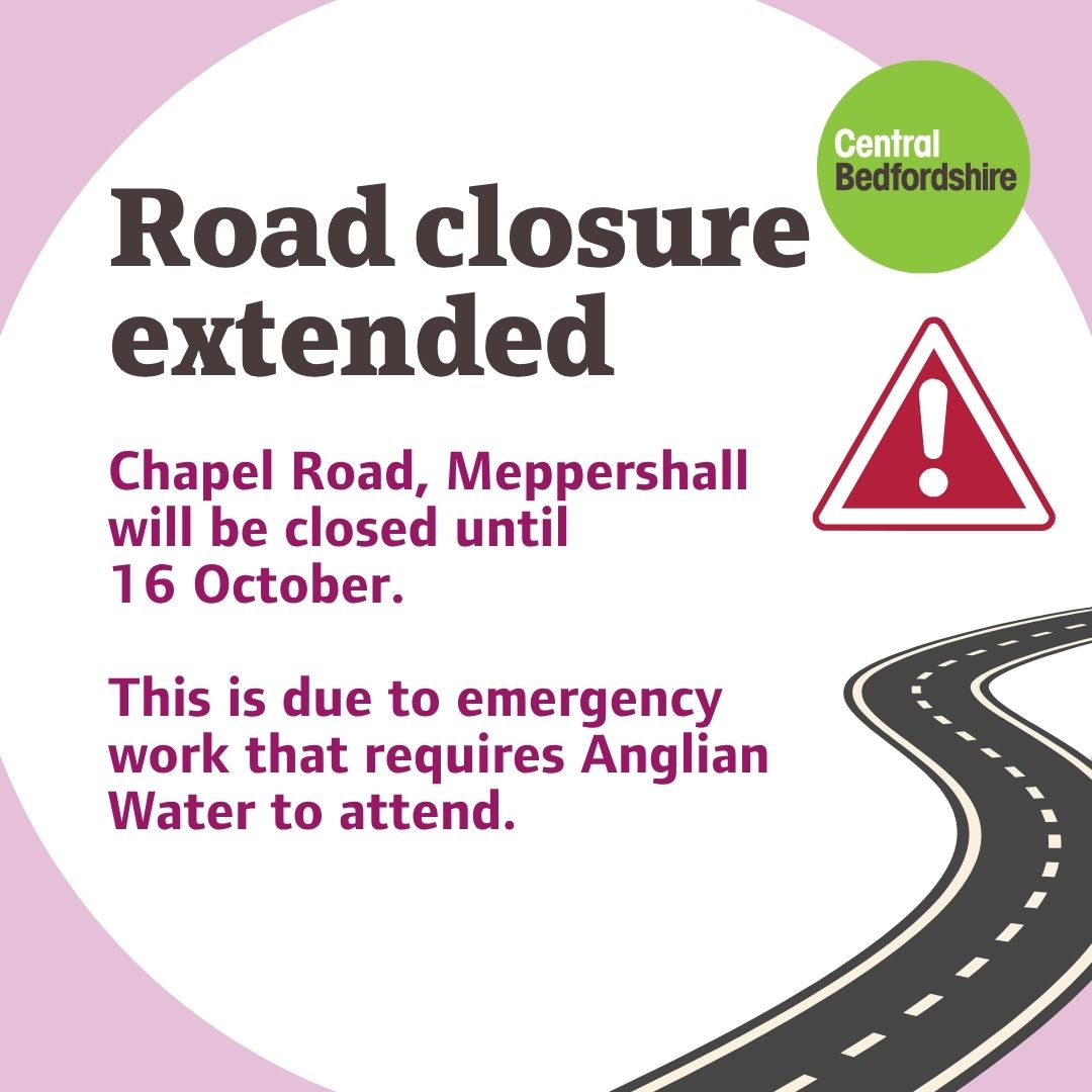 letstalkcentral's tweet photo. Emergency road closure: Chapel Road, Meppershall until 16 October.
The road has been closed to allow Anglian Water to carry out an urgent repair to a main water pipe. 
For more information about road closures, visit: https://t.co/IiERyPUCFE https://t.co/Dr2jdM7wfV