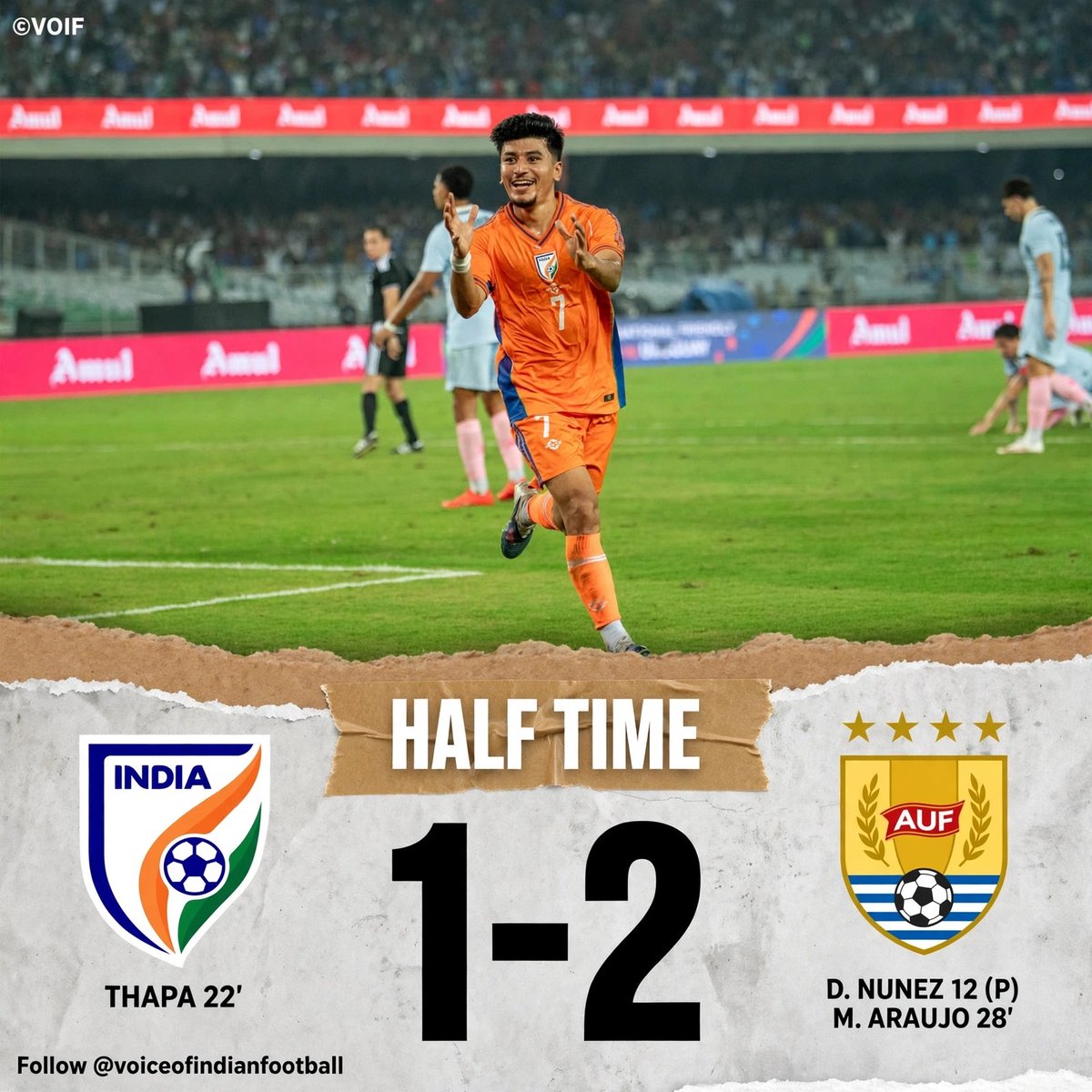 VoiceofIndianF1's tweet photo. ⏸️ HALF-TIME | India 1-2 Uruguay 🇮🇳🇺🇾
What a first half in Kolkata! 💥
Anirudh Thapa's stunning strike, but Uruguay hit back with to take lead at half-time.
Can the Blue Tigers roar back in the second half? 🐯💙
#IndianFootball #BlueTigers #IndiaVsUruguay #VOIF #AnirudhThapa https://t.co/sgqMcJzHLA