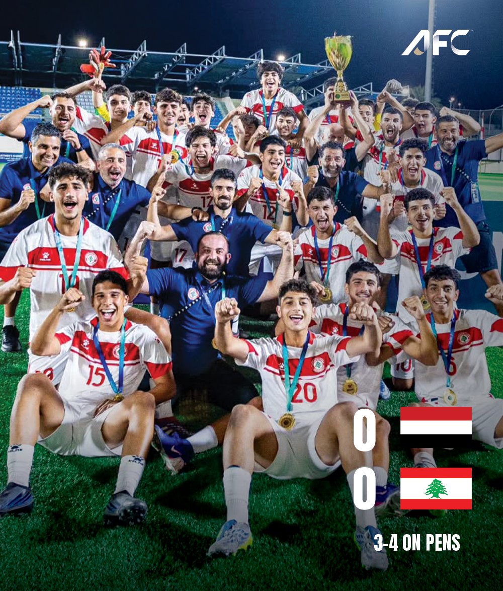 afcasiancup's tweet photo. FT | 🇾🇪 Yemen 0️⃣-0️⃣ Lebanon 🇱🇧 (3️⃣-4️⃣ on pens) 

Lebanon make history and claim their maiden WAFF U-17 Championship title! 🏆

📸 FA Lebanon https://t.co/eOkbaf2Lty