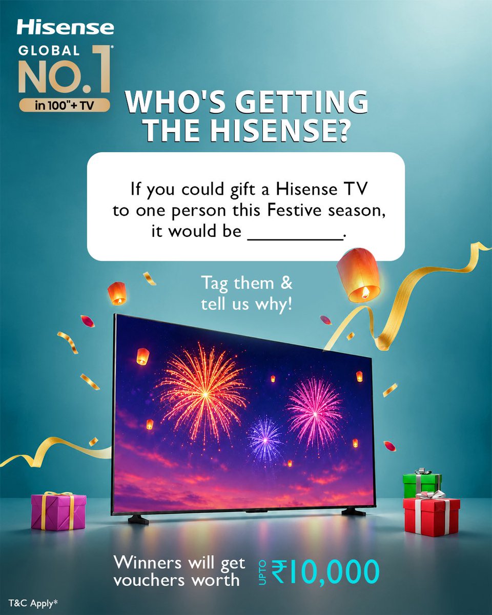 Hisense_IND's tweet photo. If you could gift a Hisense TV to one person, who would it be? Tag them in the comments and tell us why! 🎁

You could be one of the lucky winners to take home vouchers worth up to ₹10,000! 💙 https://t.co/7DWMBpM0Hn