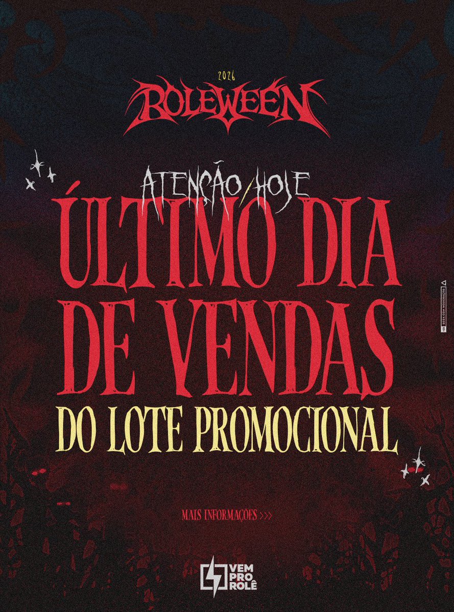 vemprorole_'s tweet photo. 🚨 HOJE É O ÚLTIMO DIA! 🚨

O lote promocional do ROLEWEEN termina hoje! 👻🔥 Se você ainda não garantiu seu acesso, essa é a hora.

Dia 31/10, no Espaço 77, vamos viver o maior Roleween de todos os tempos.

Garanta seu ingresso agora em https://t.co/ECZS8XxHf2 https://t.co/09zjopJCqM