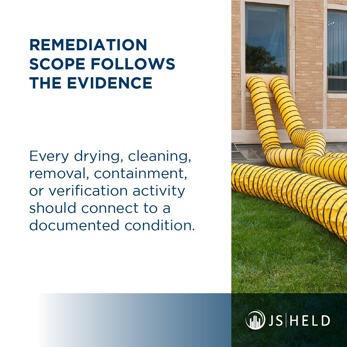 JS_Held's tweet photo. Matt Wunderink shares insights on evaluating water intrusion events, contamination concerns, and remediation decisions from his recent session, “When Water Wins: Navigating Flood Claims, Contamination, and Clean-Up.”

Drawing on practical examples and industry guidance, he highlights how technical observations, documentation, and informed decision-making can support defensible outcomes throughout the claims and remediation process.

View the carousel below for key takeaways from the discussion.

To learn more about our industrial hygiene and environmental claims services, visit: https://t.co/IR7mUQooWb

#FindYourExpert #WaterDamage #IndustrialHygiene #PropertyClaims