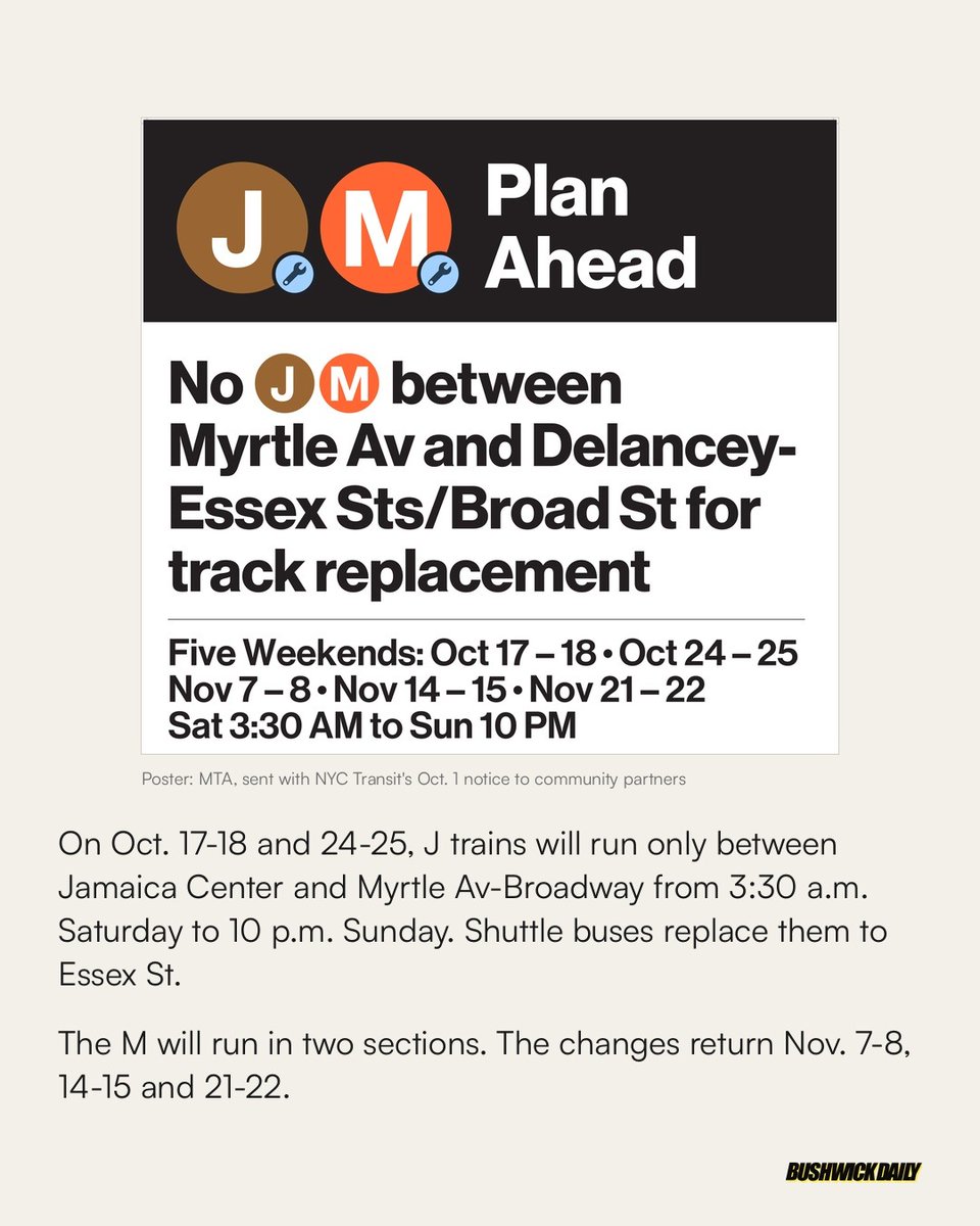 BushwickDaily's tweet photo. The MTA will change J and M service from Oct. 13 into late November while crews replace 29-year-old track switches between the Marcy Av and Hewes St stations in Williamsburg. https://t.co/Zl0Iep9Dpg