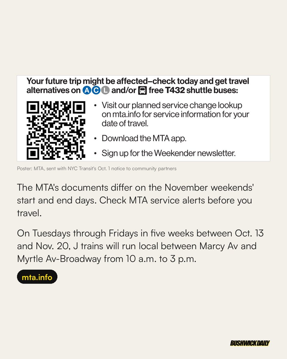 BushwickDaily's tweet photo. The MTA will change J and M service from Oct. 13 into late November while crews replace 29-year-old track switches between the Marcy Av and Hewes St stations in Williamsburg. https://t.co/Zl0Iep9Dpg