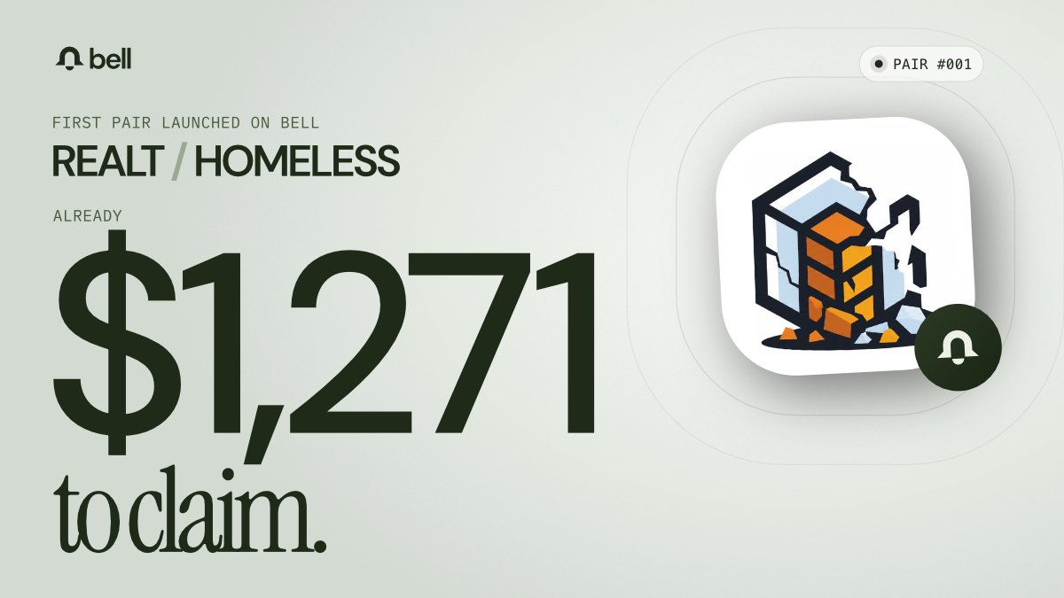 bellpaddotfun's tweet photo. bell works end to end.

2 pairs launched on day one. 1 already migrated.
Every trade sends fees straight into the escrow reserved for the CEO.

Pair #001: RealT / HOMELESS.
$1,271 already waiting to be claimed. tag the CEO. https://t.co/hc5x1WW8Ql