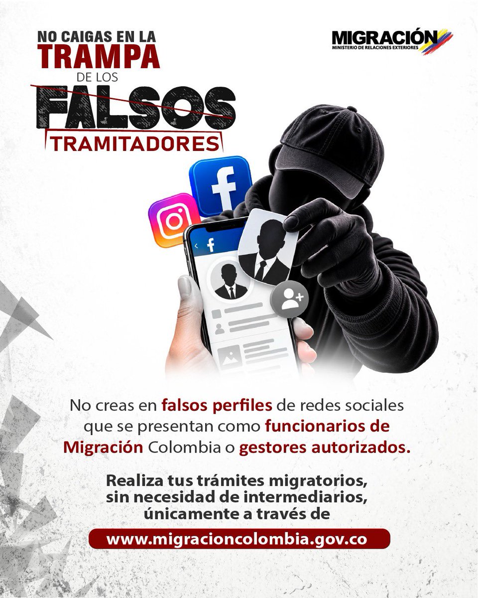 MigracionCol's tweet photo. 🚨#Cuidado 
No caigas en la trampa de falsos tramitadores 

Antes de hacer o preguntar por algún trámite de @MigracionCol, asegúrate que te encuentres en nuestros canales oficiales. https://t.co/B8ZKJbR7hy