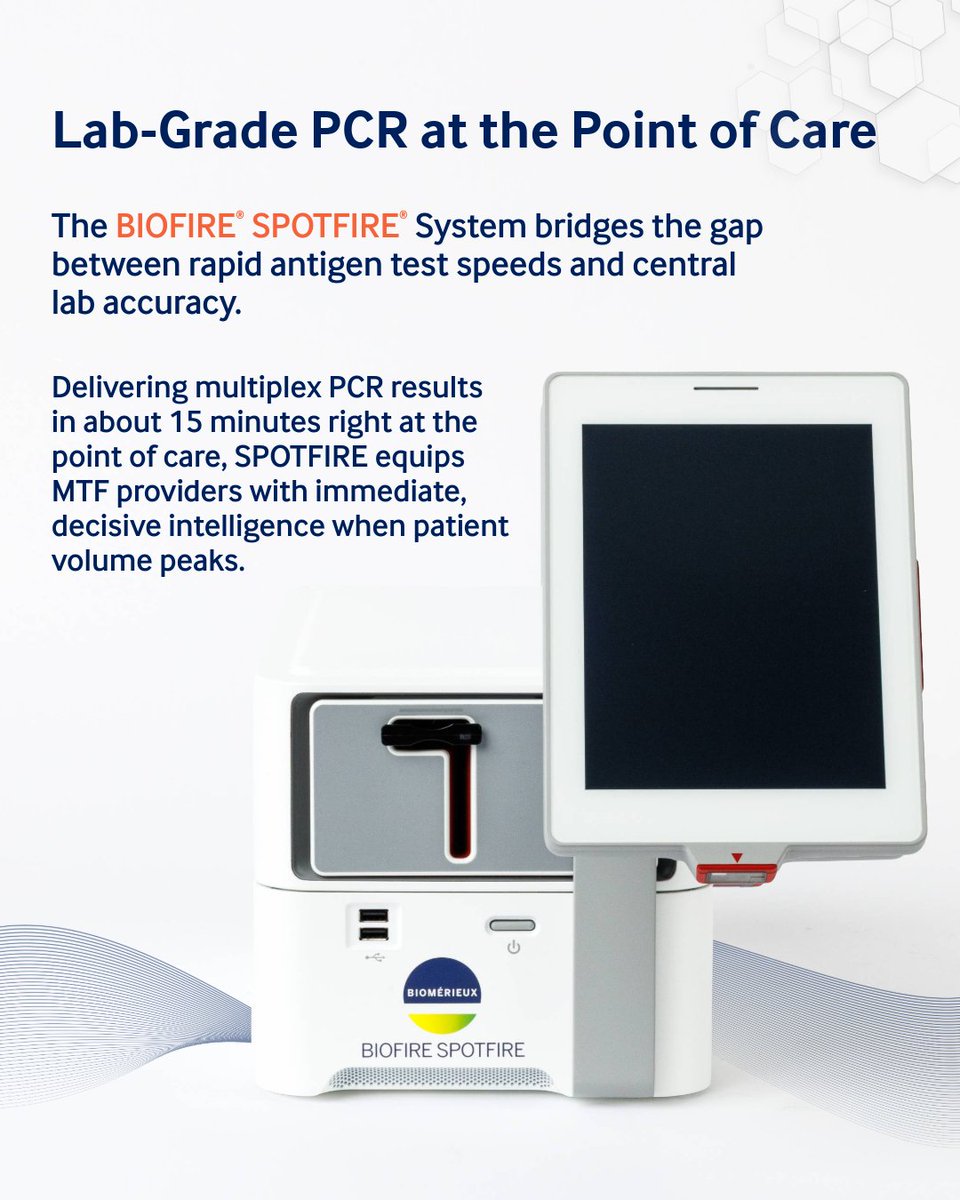 BiofireDefense's tweet photo. For Military Treatment Facility (MTF) clinical care providers and lab directors managing high patient volume during respiratory season, fast diagnostic turnaround directly dictates facility throughput and force readiness.
Swipe through our educational guide to see how the BIOFIRE® SPOTFIRE® System transforms seasonal respiratory triage. By delivering lab-grade multiplex PCR results in about 15 minutes right at the point of care, SPOTFIRE reducing diagnostic guesswork, empowering MTF clinicians to isolate infectious patients quickly, discharge low-risk cases confidently, and initiate targeted antiviral or antibacterial therapy on the spot.
Streamline your facility's respiratory workflow before seasonal surges peak:
https://t.co/LtxtBv3WB4
#MilitaryHealthSystem #DoWHealth #SPOTFIRE #BioFireDefense #EmergencyMedicine #RespiratorySeason