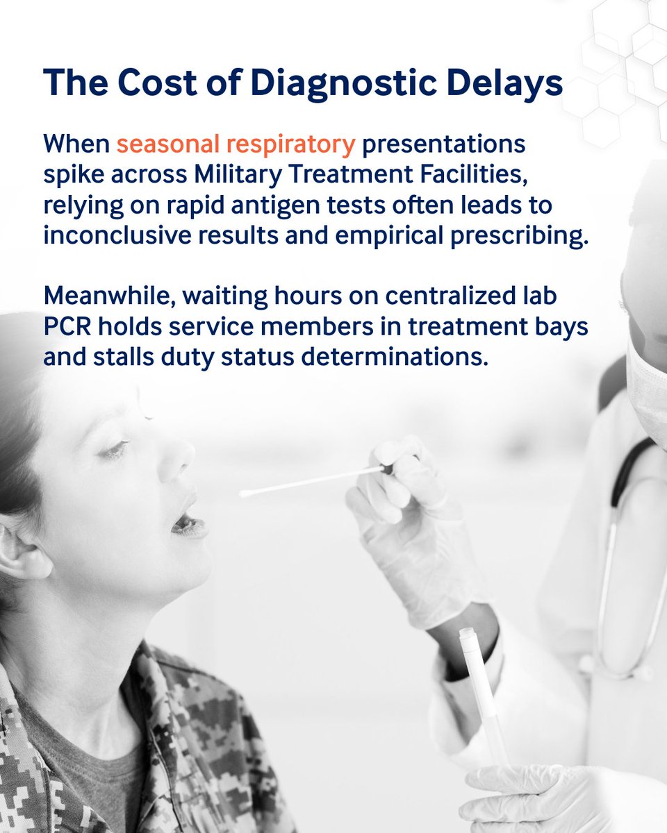 BiofireDefense's tweet photo. For Military Treatment Facility (MTF) clinical care providers and lab directors managing high patient volume during respiratory season, fast diagnostic turnaround directly dictates facility throughput and force readiness.
Swipe through our educational guide to see how the BIOFIRE® SPOTFIRE® System transforms seasonal respiratory triage. By delivering lab-grade multiplex PCR results in about 15 minutes right at the point of care, SPOTFIRE reducing diagnostic guesswork, empowering MTF clinicians to isolate infectious patients quickly, discharge low-risk cases confidently, and initiate targeted antiviral or antibacterial therapy on the spot.
Streamline your facility's respiratory workflow before seasonal surges peak:
https://t.co/LtxtBv3WB4
#MilitaryHealthSystem #DoWHealth #SPOTFIRE #BioFireDefense #EmergencyMedicine #RespiratorySeason
