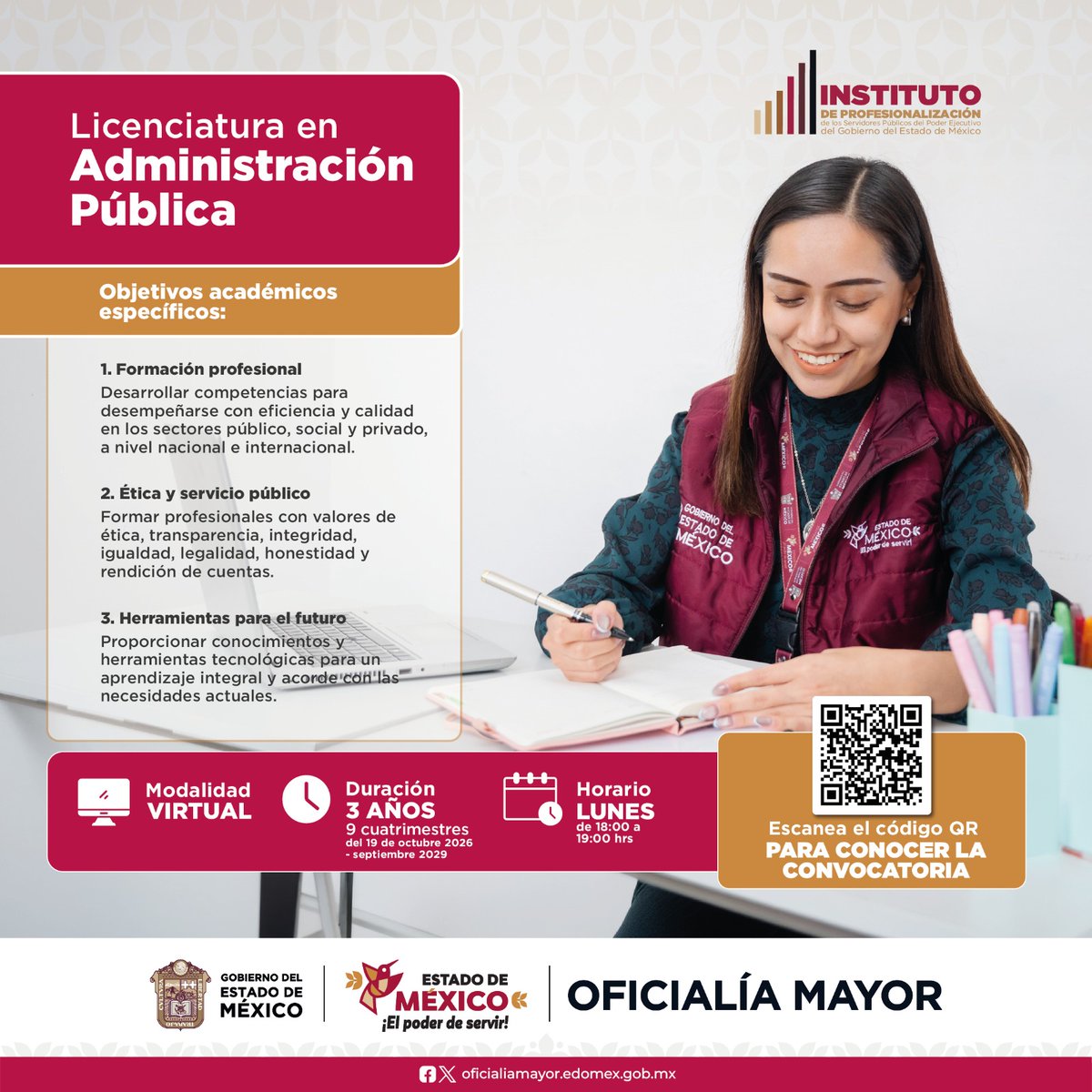 IPSPedomex's tweet photo. 📚 Profesionalizar para Servir. 
No dejes pasar esta oportunidad, estudia una licenciatura y continúa preparándote.
📁 Recepción de solicitudes y documentación: hasta 8 de octubre de 2026.
🔎Consulta la convocatoria: https://t.co/QGQv7vOjGd... 
@OficialiaEdoMex #ElPoderDeServir https://t.co/ybbc7i5FFa