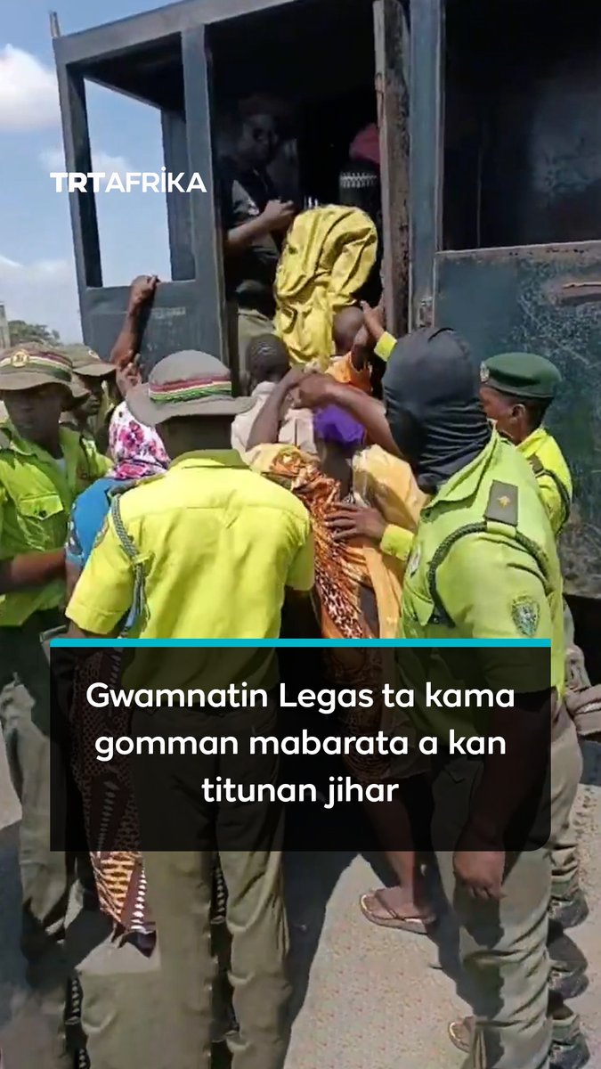 A news clip from TRT Afrika with Hausa text 'Gwamnatin Legas ta kama gomman mabarata a kan titunan jihar' showing uniformed officers loading individuals into the back of a transport vehicle.