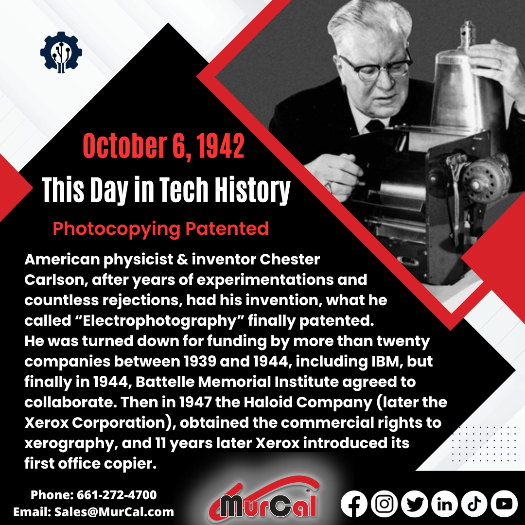 murcal's tweet photo. On this day in 1942, Chester Carlson revolutionized the world by patenting “Electrophotography,” better known today as photocopying! 📜✨ 

At https://t.co/5s1TS8MhJi, we appreciate the determination it takes to innovate and bring a vision to life. 💡 

#OnThisDay #TechHistory https://t.co/GKqbF9fucm