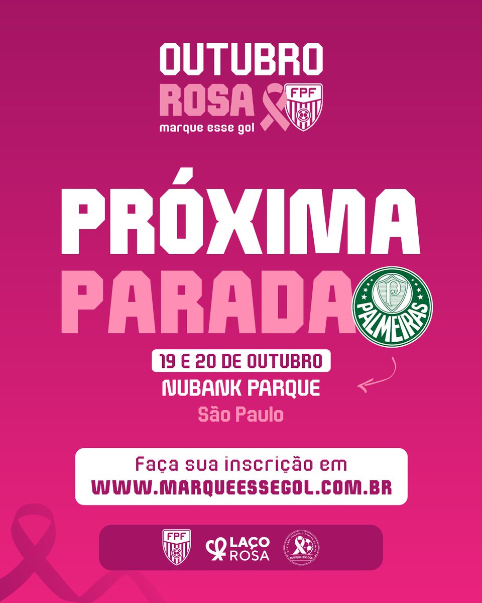 Paulistao's tweet photo. SERÃO DOIS DIAS DE EXAMES NO NUBANK PARQUE! 🏟️🩷
Alô, torcedoras do Palmeiras! A campanha Marque Esse Gol oferece mamografias gratuitas, é só acessar o site https://t.co/bv0QqfcFpo e marcar seu exame nos dias 19 e 20 de outubro.
#OutubroRosa #MarqueEsseGol https://t.co/GiS6nn0ZMs