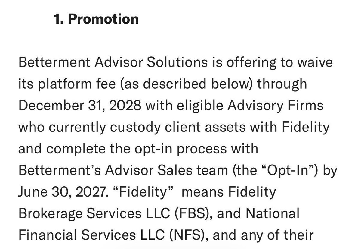 E_Balchunas's tweet photo. Interesting: Betterment is waiving its platform fee through the end of 2028 for new Fidelity RIA firms that add Betterment as a custodian. Fidelity recently raised minimums on advisors. https://t.co/1VUv0pEpKS