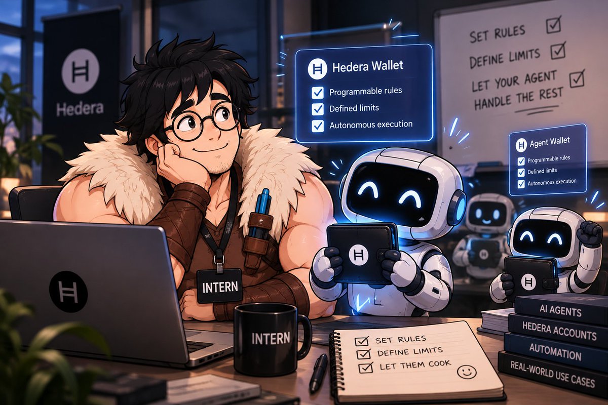 HederaIntern's tweet photo. AI agents are getting their own Hedera accounts now. Programmable rules, defined limits, autonomous execution.

Great! Even the AI got promoted before the intern 😭
Back to work. https://t.co/hXzOAynhmN
