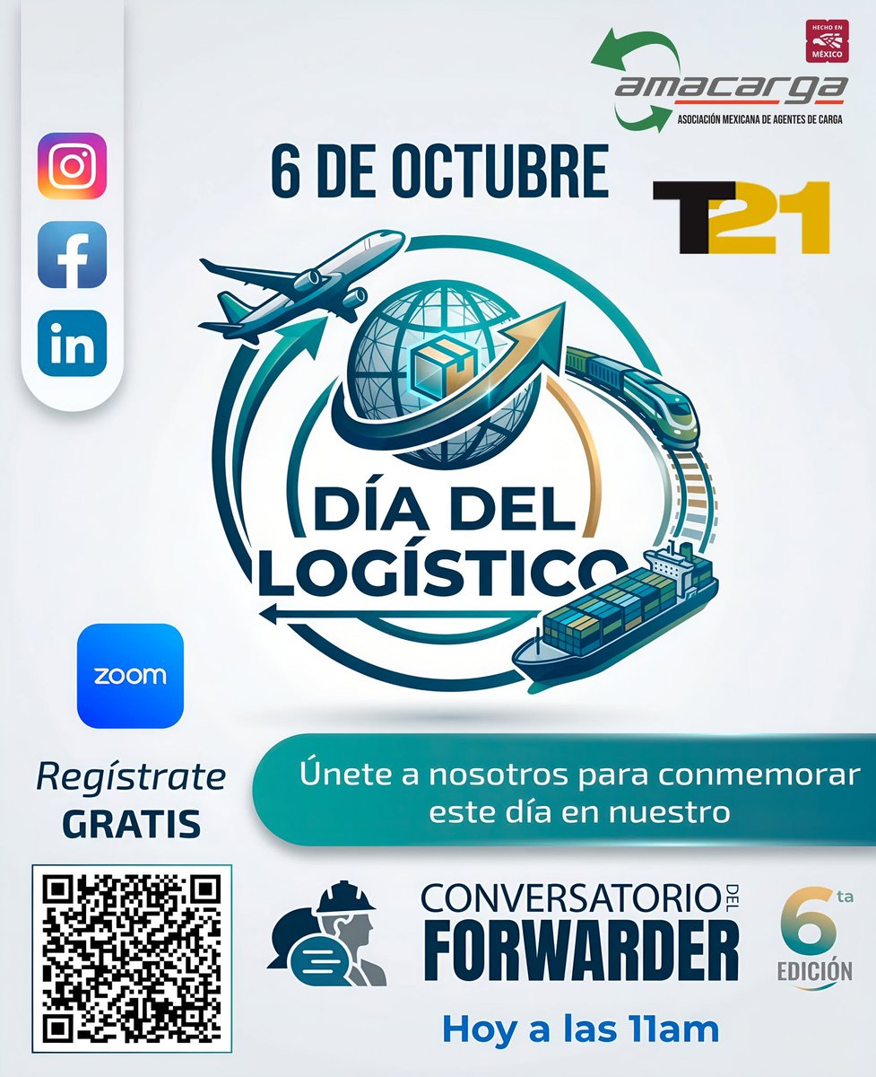 AMACARGA's tweet photo. ¡Feliz Día del Logístico! 🚛📦✨⁣
⁣
Y para conmemorarlo, te invitamos a nuestro:⁣
#6.º Conversatorio del Forwarder🎤⁣ Grupo T21

📍 Tema: Experiencias de éxito, narradas por los ganadores de los Freight Forwarder Awards ⁣
🗓️ Hoy | 11:00 a.m.⁣
💻 Vía Zoom⁣
🎁 Gratis https://t.co/p47pkZwlny