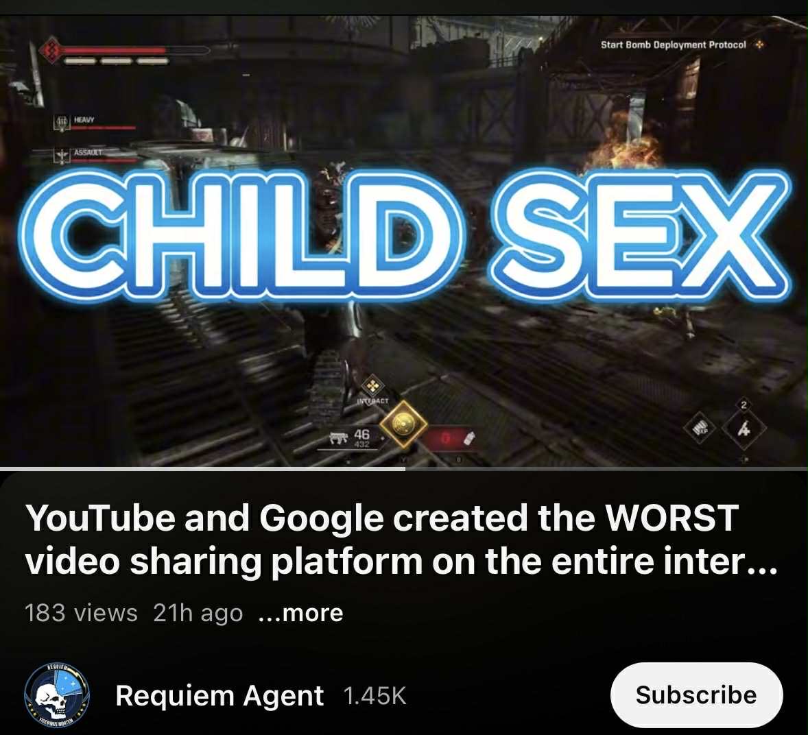 RealBTG_'s tweet photo. @TeamYouTube be aware, a creator going by “RequiemReborn” is ban-evading after his original channel “Requiem Agent” was terminated for violating TOS (harmful content to minors)

As a creator, I find it abysmal that a person like this still has a platform. Please review https://t.co/MDrtCt4Jzw