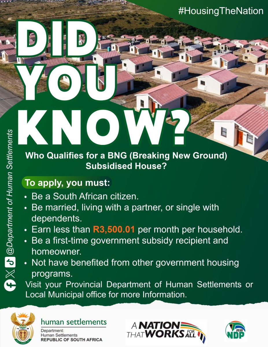 GovernmentZA's tweet photo. #HousingTheNation | Who qualifies for a BNG (Breaking New Ground) Subsidised House. Visit ➡️ https://t.co/HBYdke9gg1 for more information. #ServicedeliveryZA https://t.co/RMHsGjQApM