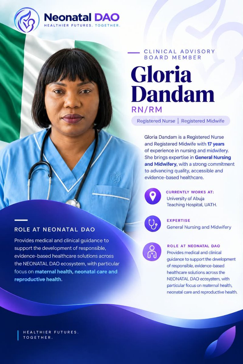NeonatalDao's tweet photo. We are pleased to welcome Gloria Dandam, RN/RM, to the Neonatal DAO Clinical Advisory Board.

With 17 years of experience in nursing and midwifery, Gloria brings extensive frontline experience across General Nursing, Midwifery, Maternal Health, Neonatal Care and Reproductive Health.

From the delivery room to the neonatal unit, her experience gives us another valuable perspective on the realities patients and healthcare professionals face.

17 years of experience.
A wealth of clinical knowledge.
A shared commitment to better health outcomes.

Welcome to Neonatal DAO.