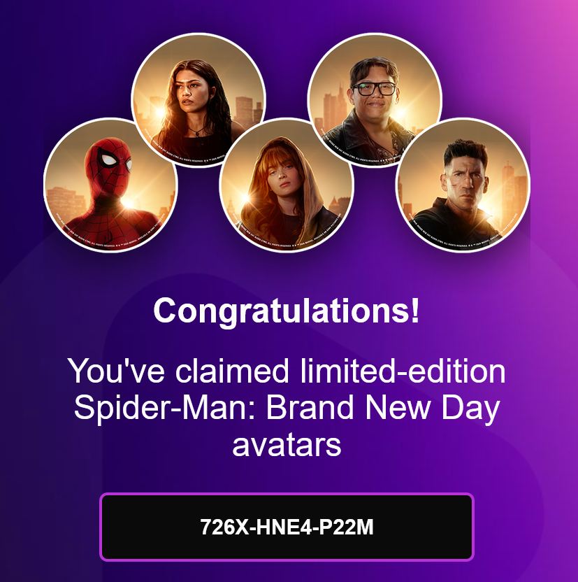 videogamedeals's tweet photo. Free Spider-Man Brand New Day PSN Avatars. 

NA: 726X-HNE4-P22M  
EU: RG8L-32NF-3NLP

Turned Out to be PSN Codes that can be used by anyone multiple times so you don't need to download the Sony Pictures Core App on PSN now. https://t.co/ihOW6of3Jo