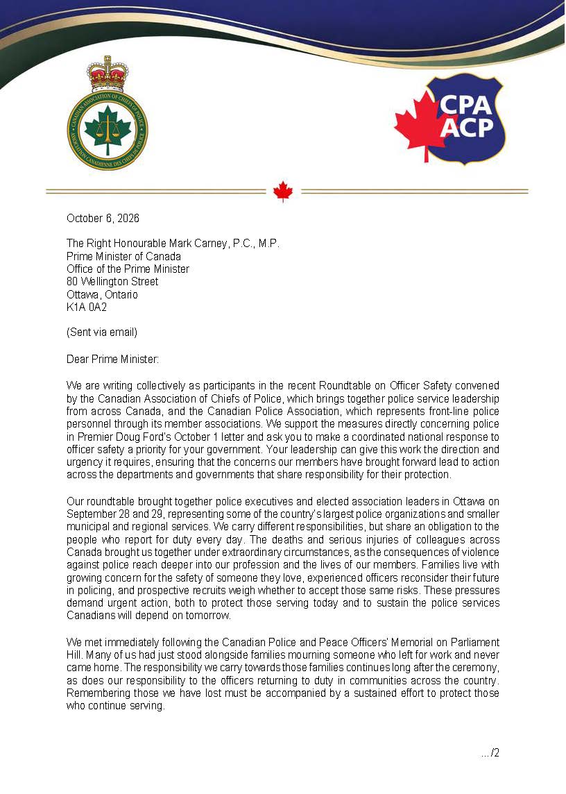 PoliceAssocON's tweet photo. Following last week's National Roundtable on Officer Safety, the Canadian Police Association and the Canadian Association of Chiefs of Police have sent a joint letter to Prime Minister Carney, on behalf of association presidents and executives, urging coordinated action to better protect police officers across Canada.
 
We call for targeted policy changes to enhance officer safety, increase accountability for violence against police, and improve the tools and resources available to police services.
 
The PAO remains committed to working with all levels of government to advance these priorities and deliver meaningful action that protects our members. Read the full letter below. 

https://t.co/0I4iWOuS4x