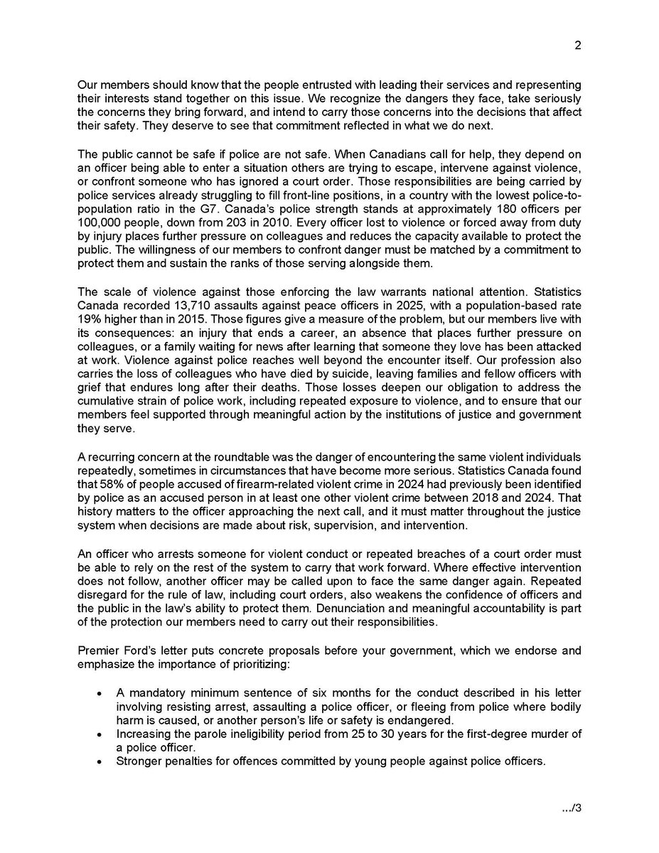 PoliceAssocON's tweet photo. Following last week's National Roundtable on Officer Safety, the Canadian Police Association and the Canadian Association of Chiefs of Police have sent a joint letter to Prime Minister Carney, on behalf of association presidents and executives, urging coordinated action to better protect police officers across Canada.
 
We call for targeted policy changes to enhance officer safety, increase accountability for violence against police, and improve the tools and resources available to police services.
 
The PAO remains committed to working with all levels of government to advance these priorities and deliver meaningful action that protects our members. Read the full letter below. 

https://t.co/0I4iWOuS4x