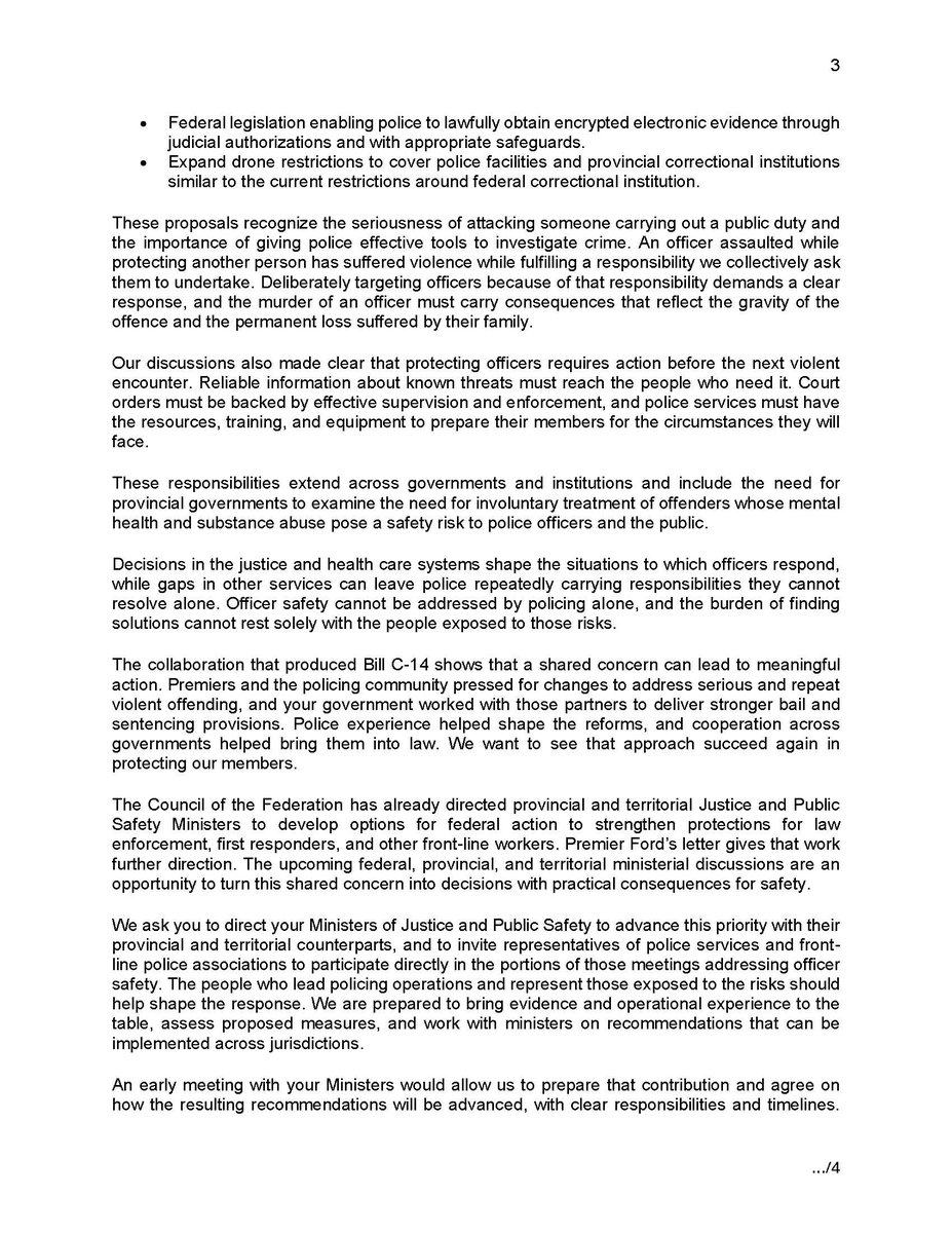 PoliceAssocON's tweet photo. Following last week's National Roundtable on Officer Safety, the Canadian Police Association and the Canadian Association of Chiefs of Police have sent a joint letter to Prime Minister Carney, on behalf of association presidents and executives, urging coordinated action to better protect police officers across Canada.
 
We call for targeted policy changes to enhance officer safety, increase accountability for violence against police, and improve the tools and resources available to police services.
 
The PAO remains committed to working with all levels of government to advance these priorities and deliver meaningful action that protects our members. Read the full letter below. 

https://t.co/0I4iWOuS4x