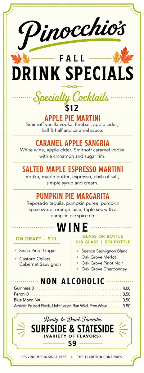 PinPizza's tweet photo. Your fall favorites are on the menu at Pinocchio’s Restaurant! 🍂🍹 

From the seasonal cocktails pictured here to wine, ready-to-drink favorites, and non-alcoholic options, our fall drink menu has something for everyone.

Which drink are you ordering? 👇 https://t.co/br5v17IzAO