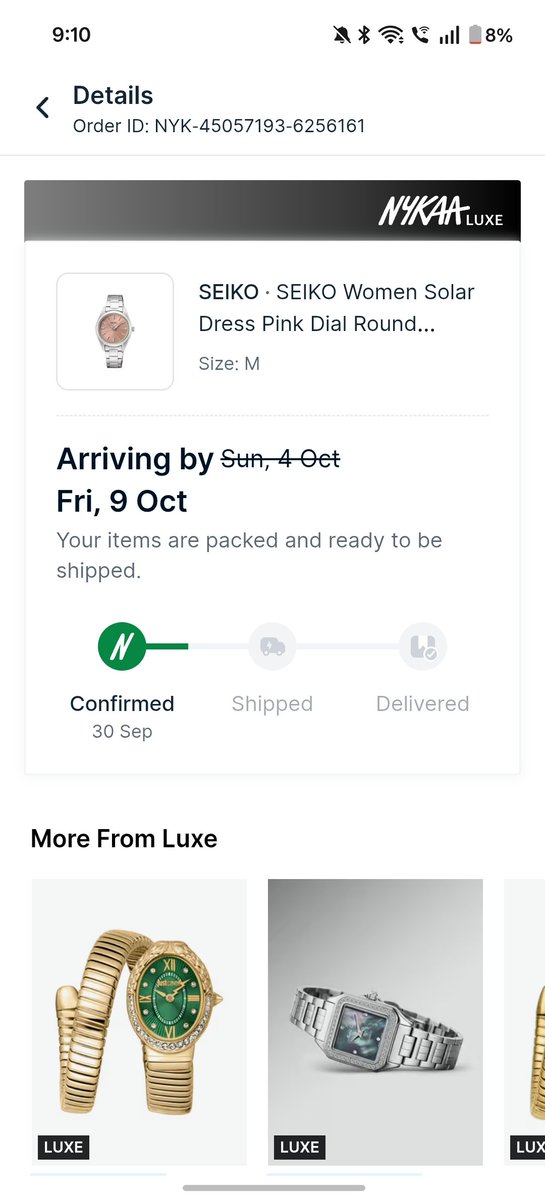 deepanshisha's tweet photo. What a service by @nykaafashion I ordered this watch on 30/09/2026 till date its not been dispatched as facing this type of service requesting everyone not to buy from them like it's been 6 days still no hope you will receive it or not. NYK-45057193-6256161 https://t.co/uhOzzKERFv