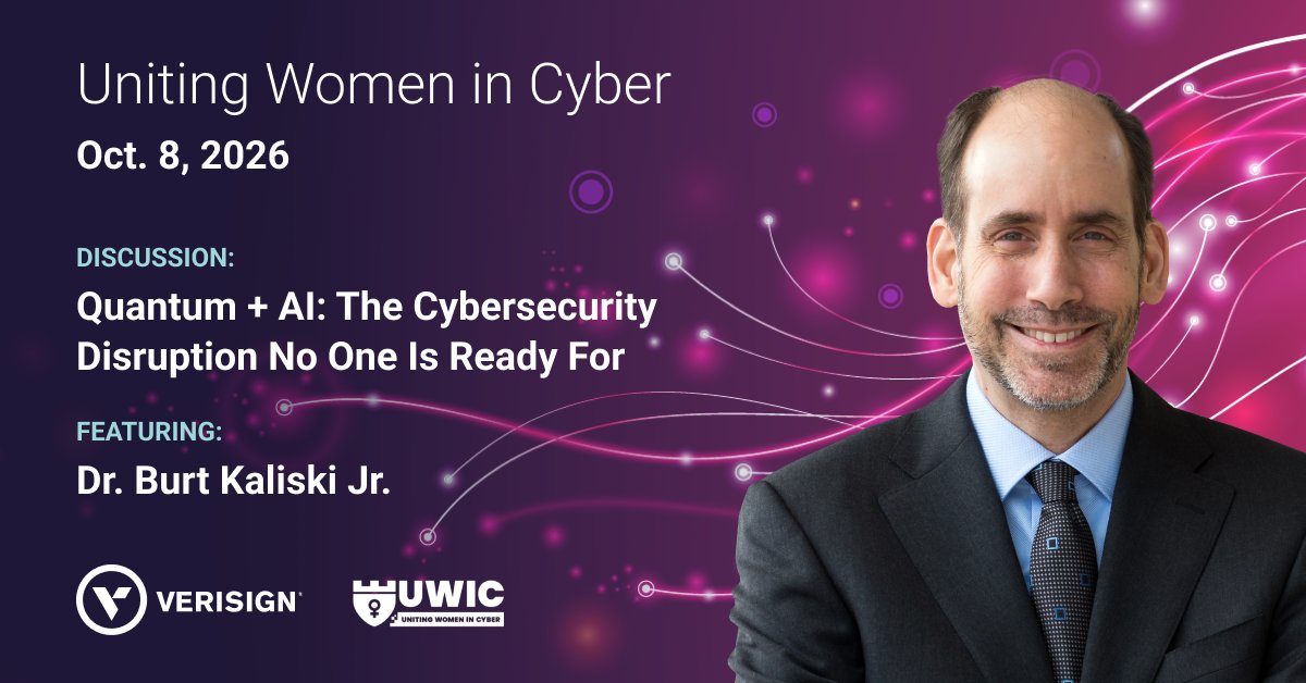 VERISIGN's tweet photo. Verisign is pleased to be a part of Uniting Women in Cyber (#UWIC), where SVP & CTO Dr. Burt Kaliski Jr. will participate in a panel discussion on the intersection of quantum computing and AI. Join Burt and others on Oct. 8 as they explore how the current threat landscape may need to shift to rise to the challenges ahead. Register today: https://t.co/UmH0eNnuN6 #WomenInTech #WomenInCyber @the_cyberguild