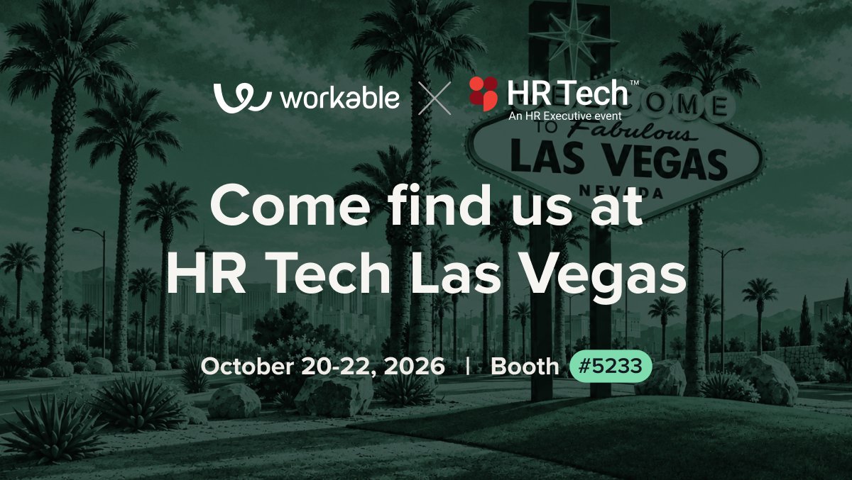 Workable's tweet photo. We’re headed to HR Tech Las Vegas 🎉

Find Workable at Booth #5233, where we’ll be demoing our lineup of recruiting agents and showing off 90+ capabilities available through our MCP server.

We’ll also be taking the Next at Work Podcast to the show floor, recording live conversations with the people shaping what’s next in hiring and HR.

Stop by for the demos and conversations, and stick around for plenty of giveaways, Workable swag, and... free ice cream! 

Beyond the booth, our CRO Sarfraz Ali will take the stage to share what 200,000 AI interviews taught us about candidate experience, and what we’ve learned from putting AI into practice at that scale.

See you there!

📍 HR Tech Las Vegas
📅 October 20–22
🎪 Booth #5233