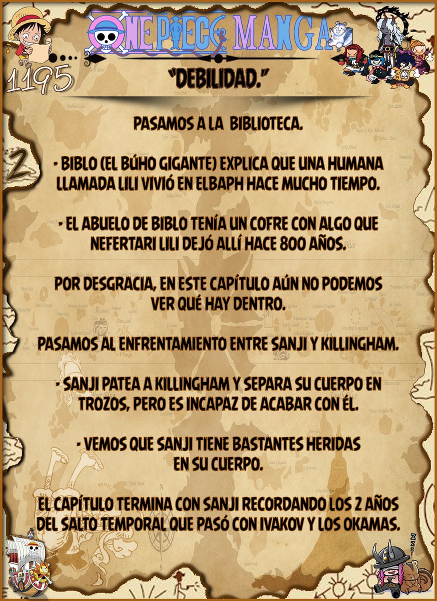GSPLeaks's tweet photo. ¡BREVE RESUMEN [#SPOILERS] DEL #CAPÍTULO DE ONE PIECE 1195!

- ONE PIECE CAPÍTULO 1195: “DEBILIDAD”.

#ONEPIECE1195 #ONEPIECE #SANJI #NefertariDLili #LILI #BIBLO #ELBAPH #1195SPOILERS #OP1195 #ZORO https://t.co/rRj9OQa9zg