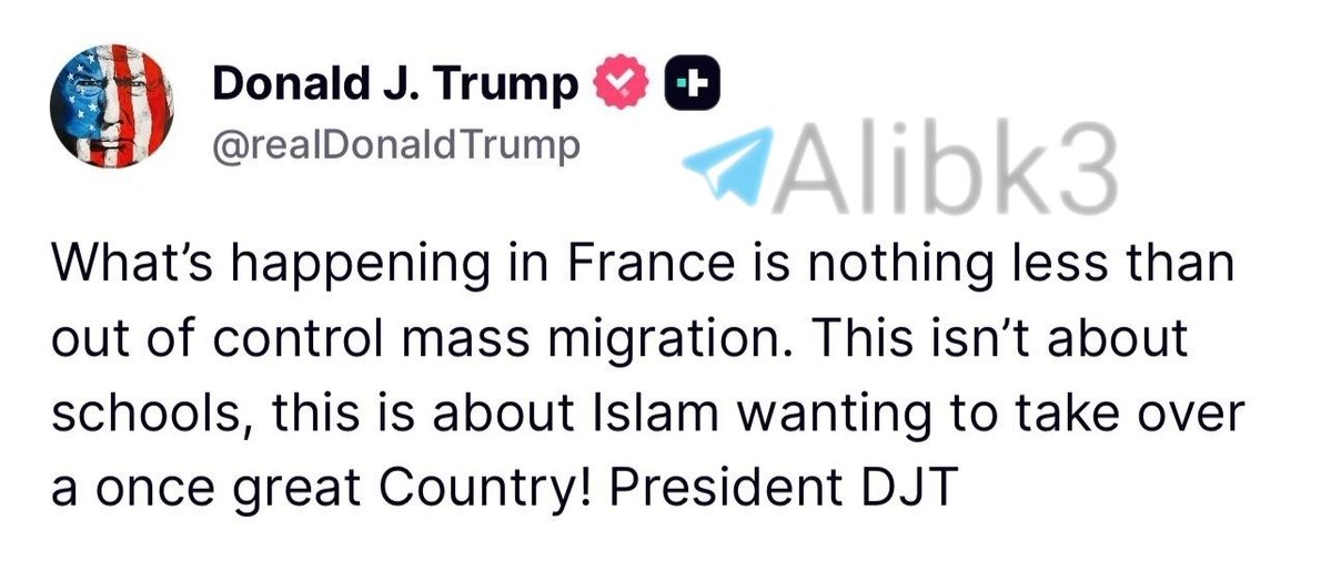 AB3_Ali3's tweet photo. ترامب: 

الهجرة في فرنسا "خارجة عن السيطرة"، والإسلام يحاول "السيطرة" على البلاد. https://t.co/ChFERYS93O