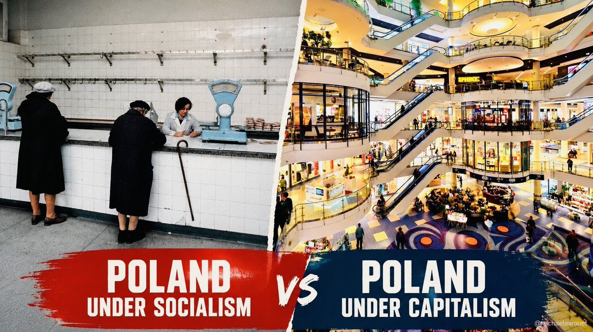 MichaelAArouet's tweet photo. Young people keep rediscovering socialism as if this time the incentives will differ, but guess what, they won’t.

Poland is the best example. Under socialist central planning: bare shelves, queues for whatever the state allocated, food rationing, energy blackouts. Just a generation later, after free market and capitalism replaced socialism: choice and prosperity.

Wherever the state replaced prices and profit with plans and commands, severe shortages followed, then coercion to hide them. Soviet Union, Mao’s China, Cambodia, Venezuela, and many others, not a single exception. Remove the link between effort and reward, and the incentive to build, create, and innovate disappears.

The Nordics cited by socialists as exceptions are high-tax market economies with private ownership. They got rich on oil and gas first, places that reversed the order did not. Look at Venezuela: huge oil reserves, people starving under socialism.

Socialism has always failed because it asks people to act as if self-interest and taking care of your family do not exist. It is against human nature, next time won’t be different.