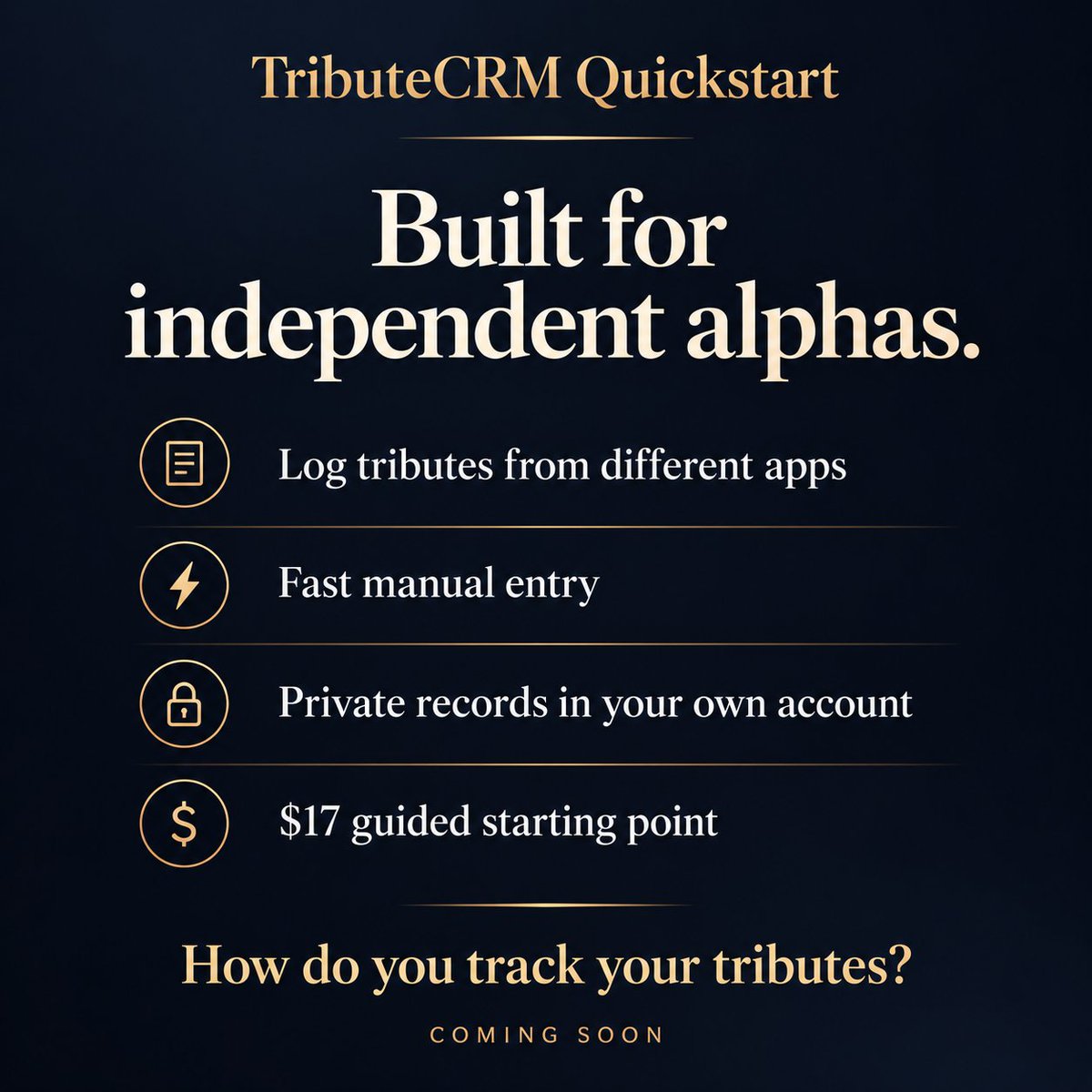 TributeCRM's tweet photo. Alphas &amp; CashMasters: Do you track your TRIBUTES? If so, how do you track them?

TributeCRM Quickstart:
• Log payments from different apps
• Fast manual entry
• Private records OWNED by you
• A $17 guided starting point

Spreadsheet, notes app, memory—or something else? https://t.co/96pTZw4qYF