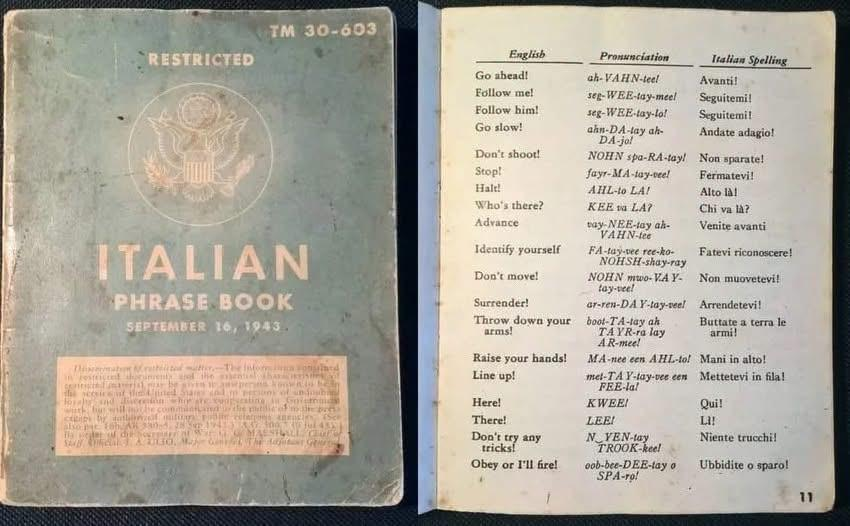 Asiablog_it's tweet photo. Un frasario di italiano per soldati statunitensi del 1943 🇺🇸🗣️🇮🇹 https://t.co/gPpnYx1HBK