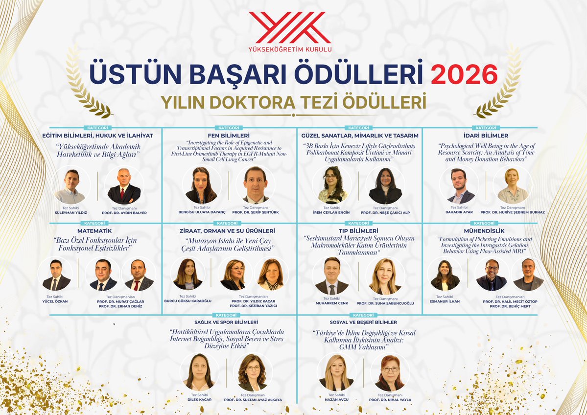 YuksekogretimK's tweet photo. 🏆 Yeni sorular, özgün araştırmalar, bilime yeni katkılar…

2026 Yükseköğretim Kurulu Üstün Başarı Ödülleri’nde 10 farklı alanda “Yılın Doktora Tezi Ödülü”ne layık görülen araştırmacılarımızı ve tez danışmanlarını tebrik ediyoruz.

Bu çalışmaların yeni araştırmalara ilham vermesini ve bilimsel üretimimize güç katmasını diliyoruz.

#YÖKÜstünBaşarıÖdülleri